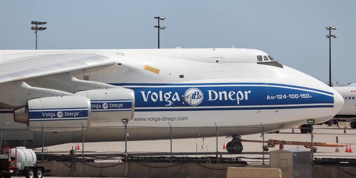 volga dnepr airlines antonov an 124, one of the largest production cargo planes in the world was grounded at pearson international airport in late february after russia invaded ukraine