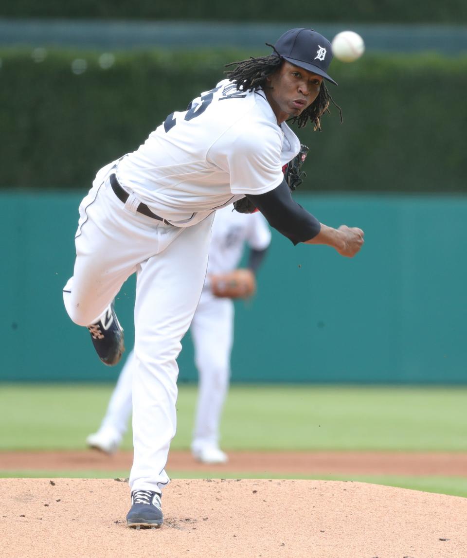 Detroit Tigers starter Jose Urena (62) pitches against the Pittsburgh Pirates during first inning action Thursday, April 22, 2021 at Comerica Park in Detroit.