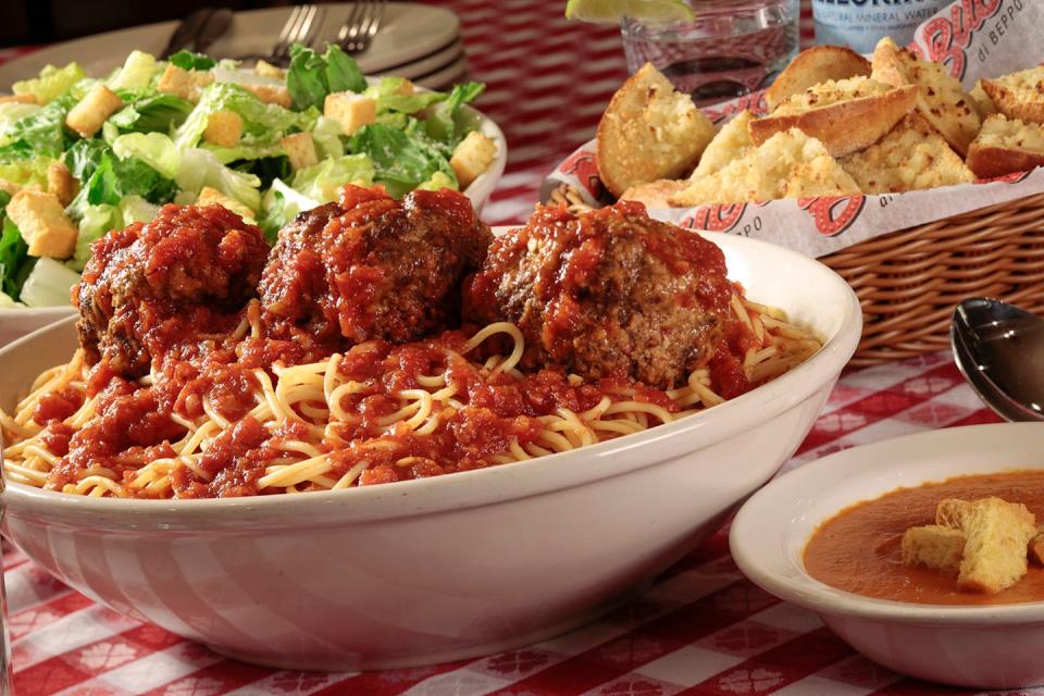 A dish of spaghetti and meatballs is one of the menu choices at Buca di Beppo for veterans on Veterans Day.