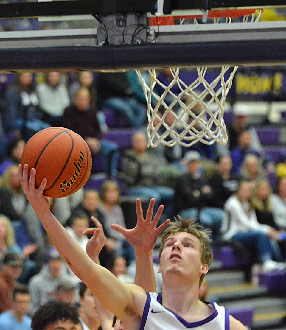 Watertown's Kohen Kranz goes up for two during a high school boys basketball game against Rapid City Stevens on Friday, Jan. 19, 2024 in the Watertown Civic Arena. Stevens won 41-37.