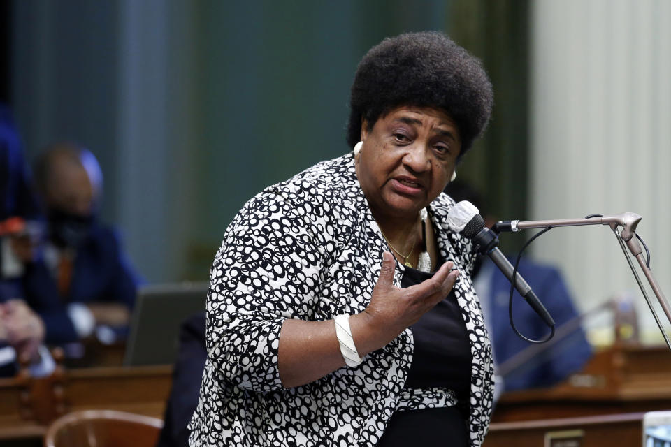 FILE - In this June 10, 2020, file photo, Assemblywoman Shirley Weber, D-San Diego, calls on members of the Assembly to approve her measure to place a constitutional amendment on the ballot to let voters decide if the state should overturn its ban on affirmative action programs, at the Capitol in Sacramento, Calif. In November 2020, a California with vastly different political preferences and demographics will consider repealing a 1996 law barring state and local governments from discriminating against or granting preferential treatment to people based on race, ethnicity, national origin or sex. (AP Photo/Rich Pedroncelli, File