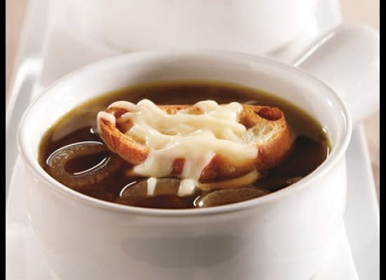 This version of the classic French onion soup is easy to make when you use store-bought beef broth. Top each bowl of soup with a slice of baguette and cheese.    <strong>Get the Recipe for <a href="http://www.huffingtonpost.com/2011/10/27/french-onion-soup_n_1051726.html">French Onion Soup</a></strong>
