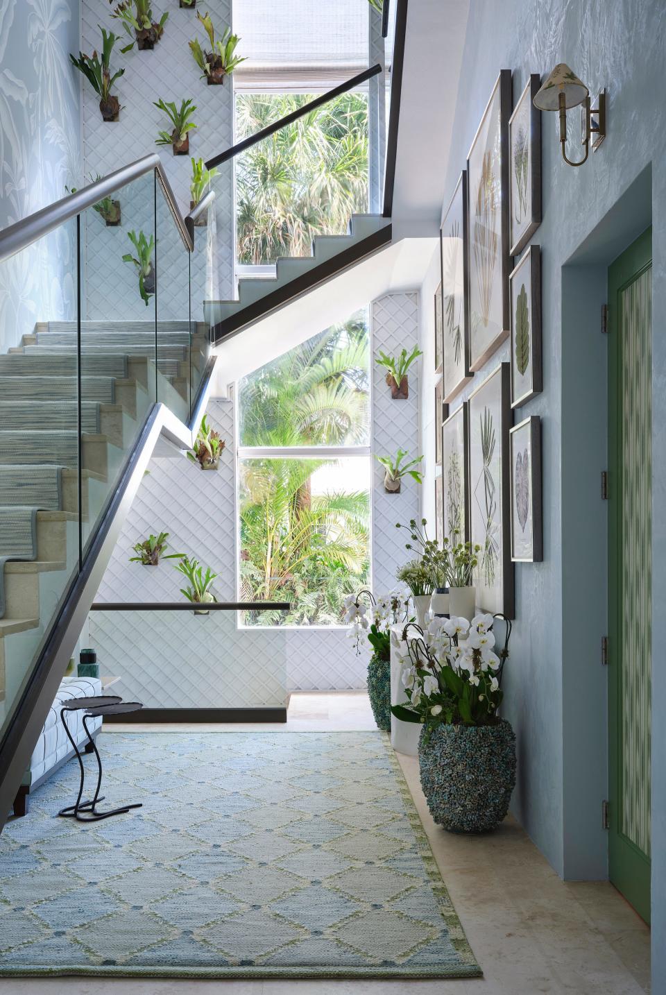 In the stair hall designed by Charlie Collins of MELROSE for the Kips Bay Decorator Show House Palm Beach, a glass-railed staircase marches past a wall decorated with staghorn ferns.