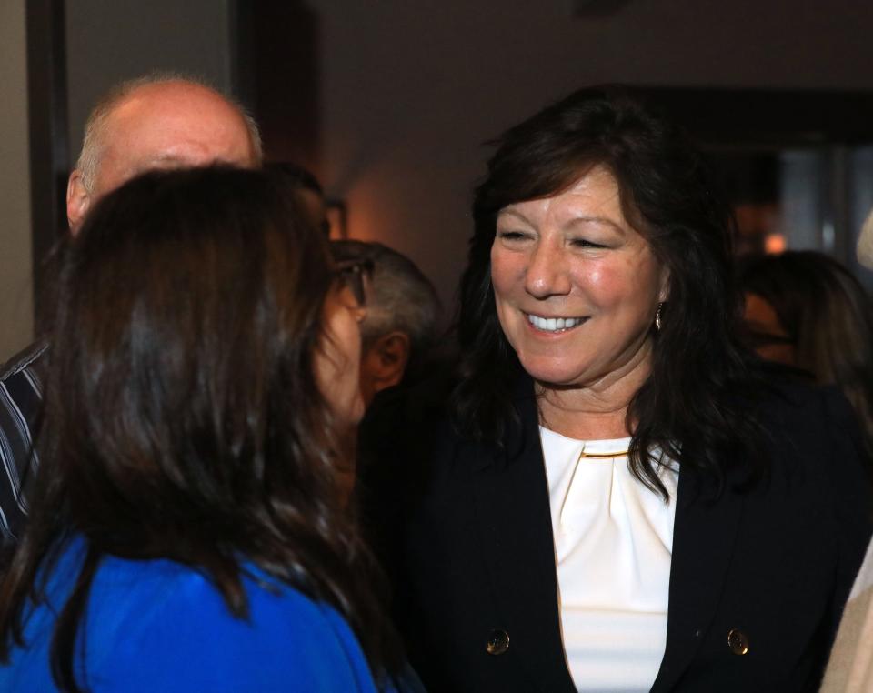 Dutchess County Executive elect, Sue Serino talks with a supporter after election results were posted during the Republican victory party at Cosimos in the City of Poughkeepsie on November 7, 2023.