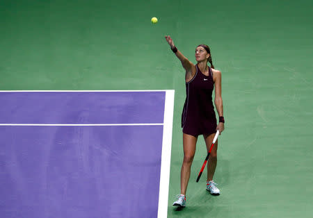 Tennis - WTA Tour Finals - Singapore Indoor Stadium, Kallang, Singapore - October 21, 2018 Czech Republic's Petra Kvitova in action during her group stage match against Ukraine's Elina Svitolina REUTERS/Edgar Su