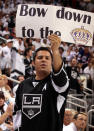 GLENDALE, AZ - MAY 22: A Los Angeles Kings fan holds up a sign in the second period in Game Five of the Western Conference Final during the 2012 NHL Stanley Cup Playoffs against the Phoenix Coyotes at Jobing.com Arena on May 22, 2012 in Phoenix, Arizona. (Photo by Christian Petersen/Getty Images)