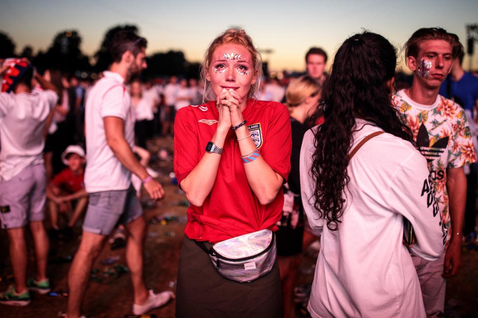 <p>England football fans react after their defeat as they watch the Hyde Park screening of the FIFA 2018 World Cup semi-final match between Croatia and England on July 11, 2018 in London, United Kingdom.The winner of this evening’s match will go on to play France in Sunday’s World Cup final in Moscow. Up to 30,000 free tickets were available by ballot for the biggest London screening of a football match since 1996. (Photo by Jack Taylor/Getty Images) </p>