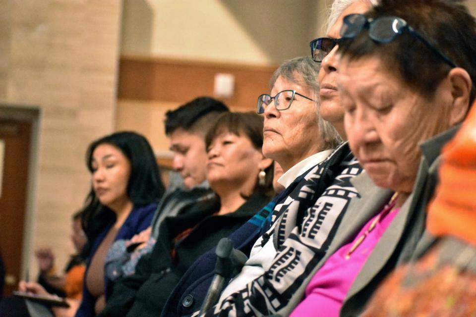 Elders from the Northern Cheyenne Tribe in southeastern Montana listen to speakers during a session for survivors of government-sponsored Native American boarding schools, in Bozeman, Mont., Sunday, Nov. 5, 2023. The Interior Department says more than 400 of the abusive, government-backed schools operated across the U.S. (AP Photo/Matthew Brown)