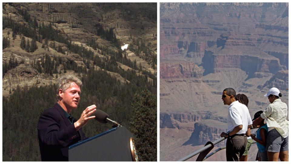 Left: President Clinton speaks at the base of Baronnette Mountain in Yellowstone National Park, Wyo., on Monday, Aug. 12, 1996, near Cook City, Mont., where he announced an agreement to prevent gold mining near Yellowstone.  The president said, "Yellowstone is more precious than gold."

Right: In this 2009, Aug. 16, file photo, President Barack Obama, his wife Michelle Obama, and daughters Malia Obama, 11, Sasha Obama, 8, with Interpretive Park Ranger Scott Kraynak look out over Hopi Point as they tour the Grand Canyon in Grand Canyon National Park, Ariz.