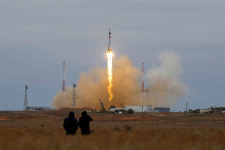 The Soyuz MS-02 spacecraft carrying the crew of Shane Kimbrough of the U.S., Sergey Ryzhikov and Andrey Borisenko of Russia blasts off to the International Space Station (ISS) from the launchpad at the Baikonur cosmodrome, Kazakhstan, October 19, 2016. REUTERS/Shamil Zhumatov