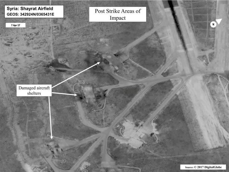 Battle damage assessment image of Shayrat Airfield, Syria, is seen in this DigitalGlobe satellite image, released by the Pentagon. (Photo via Reuters)