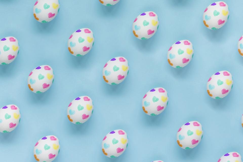 <p>Using a fine brush or paint pen, paint your eggs with a pattern of pastel or rainbow hearts. The effects is sweet, colourful, and even a bit vintage '80s. </p>