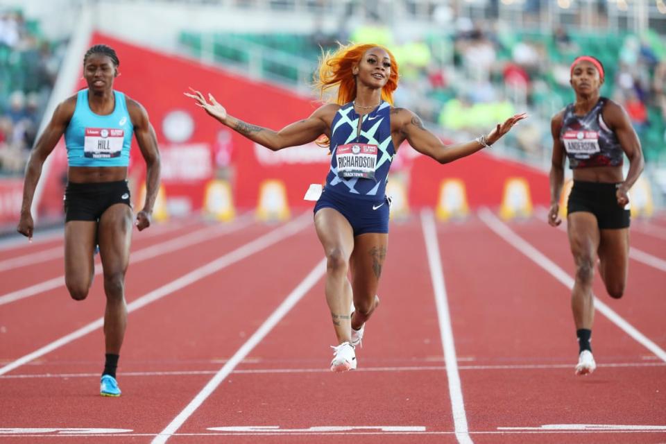<div class="inline-image__caption"><p>Sha’Carri Richardson reacts after competing in the first round of the Women’s 100 Meter during day one of the 2020 U.S. Olympic Track & Field Team Trials at Hayward Field on June 18, 2021, in Eugene, Oregon.</p></div> <div class="inline-image__credit">Steph Chambers/Getty</div>