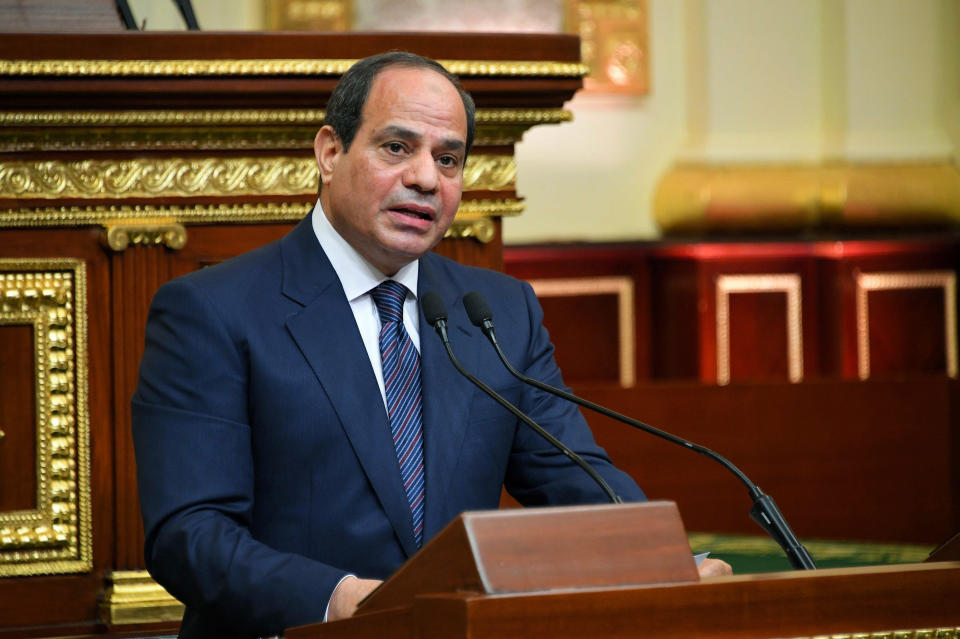 FILE - In this June 2, 2018 file photo provided by Egypt's presidency media office, Egyptian President Abdel-Fattah el-Sissi addresses the chamber after he was sworn in for a second four-year term in Cairo, Egypt. El-Sissi is urging the nation to back his government's efforts to defeat Islamic militants, saying it's the mission of every Egyptian. The Wednesday Aug. 7, 2019, appeal came after a car packed with explosives exploded earlier this week outside Egypt's main cancer hospital in Cairo, killing at least 20 people. (Egyptian Presidency Media office via AP, File)