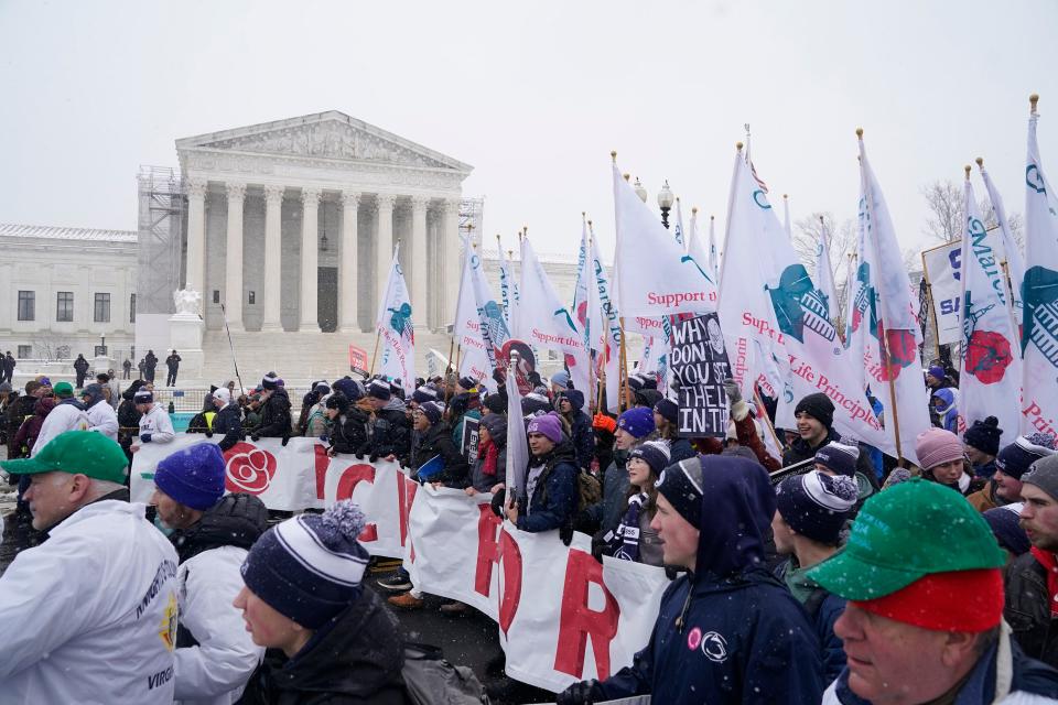 Anti-abortion activists march and rally in front of the United States Supreme Court during the annual March for Life in Washington on January 19, 2024.