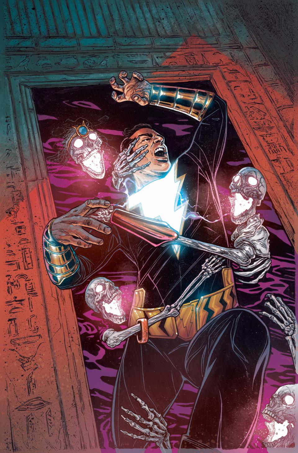 Black Adam being attacked by skeletons.