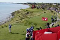 Team Europe's Ian Poulter hits from the third tee during a foursome match the Ryder Cup at the Whistling Straits Golf Course Friday, Sept. 24, 2021, in Sheboygan, Wis. (AP Photo/Charlie Neibergall)