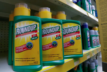 FILE PHOTO: Bayer's Roundup weed killer atomizers are displayed for sale at a garden shop near Brussels, Belgium November 27, 2017. REUTERS/Yves Herman