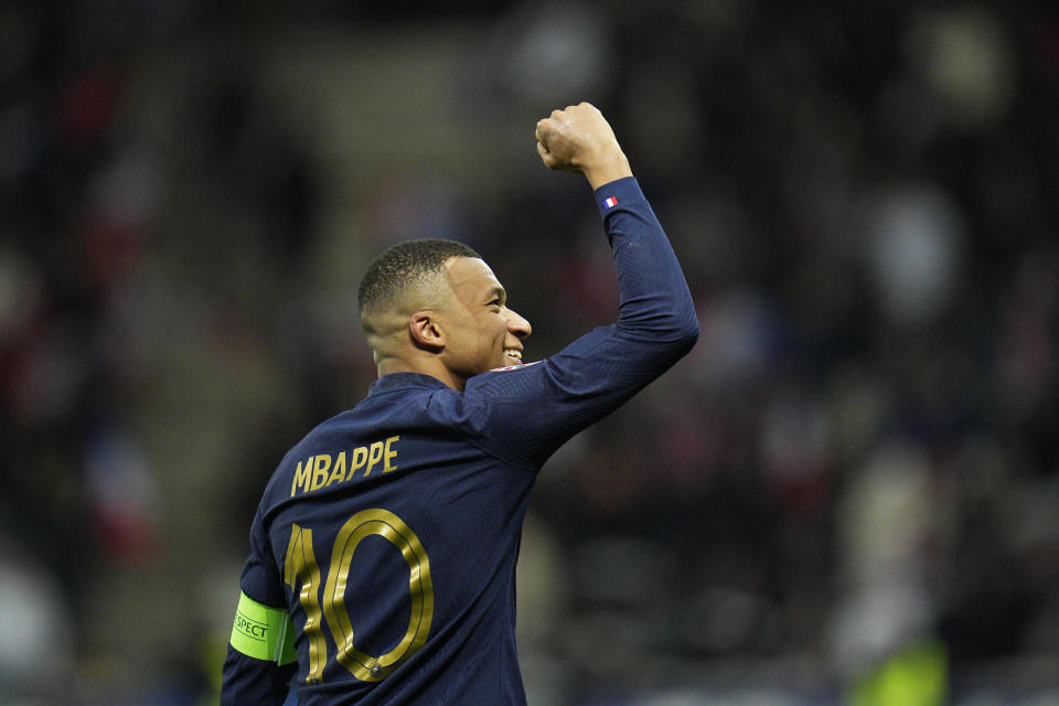 France's Kylian Mbappe celebrates after a goal during the Euro 2024 group B qualifying soccer match between France and Gibraltar in Nice, France, Saturday, Nov. 18, 2023. (AP Photo/Daniel Cole)