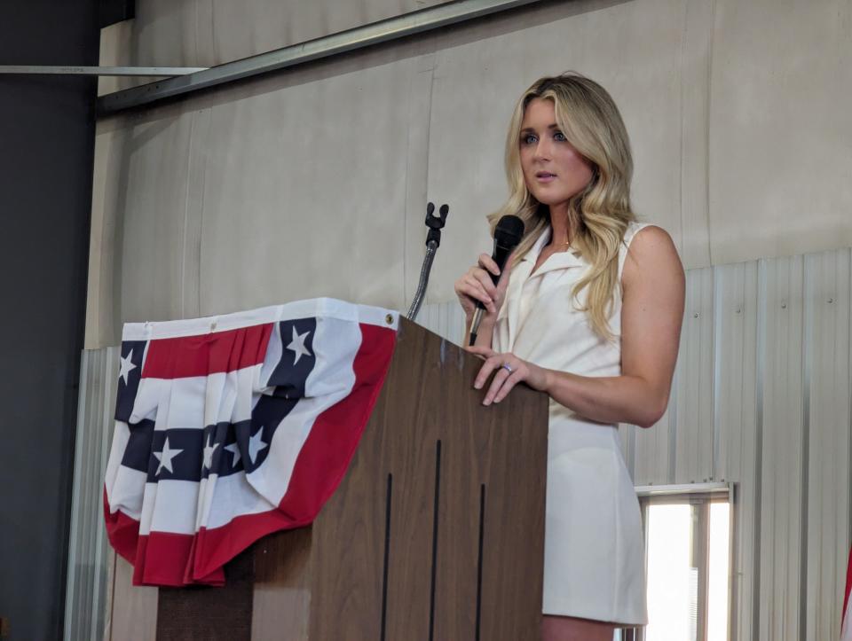 Riley Gaines speaks at the Sandusky and Seneca Counties Annual Lincoln Reagan Hayes Day Dinner on May 8, 2024, as the featured guest at the Frankart Barn.