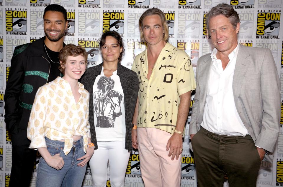 <p>Regé-Jean Page, Sophia Lillis, Michelle Rodriguez, Chris Pine and Hugh Grant get together before Paramount Pictures and eOne's Comic-Con presentation of <em>Dungeons & Dragons: Honor Among Thieves</em> at Comic-Con in San Diego on July 21. </p>