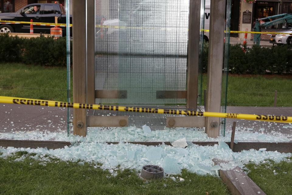 A police cordon around broken glass at the New England Holocaust Memorial: AP