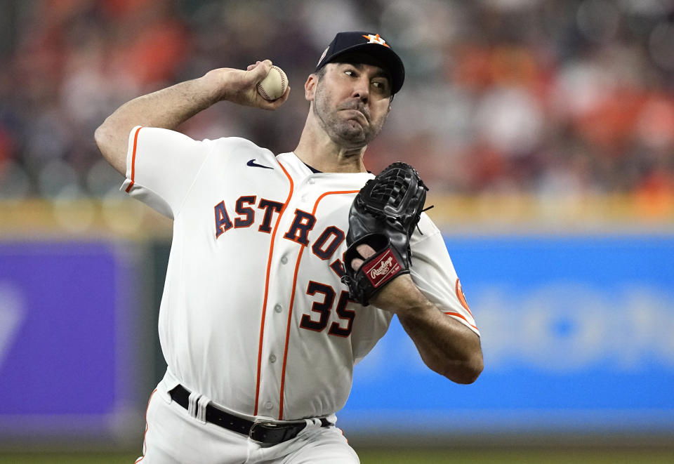 FILE - Houston Astros starting pitcher Justin Verlander throws to a Minnesota Twins batter during the first inning of a baseball game Aug. 23, 2022, in Houston. Verlander won the American League Cy Young Award on Wednesday night, Nov. 16. (AP Photo/David J. Phillip, File)