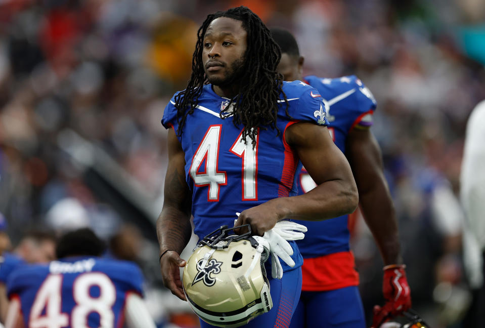 LAS VEGAS, NEVADA - FEBRUARY 06:  Alvin Kamara #41 of the New Orleans Saints and NFC walks the sidelines during the 2022 NFL Pro Bowl at Allegiant Stadium on February 06, 2022 in Las Vegas, Nevada. The AFC defeated the NFC 41-35. (Photo by Christian Petersen/Getty Images)