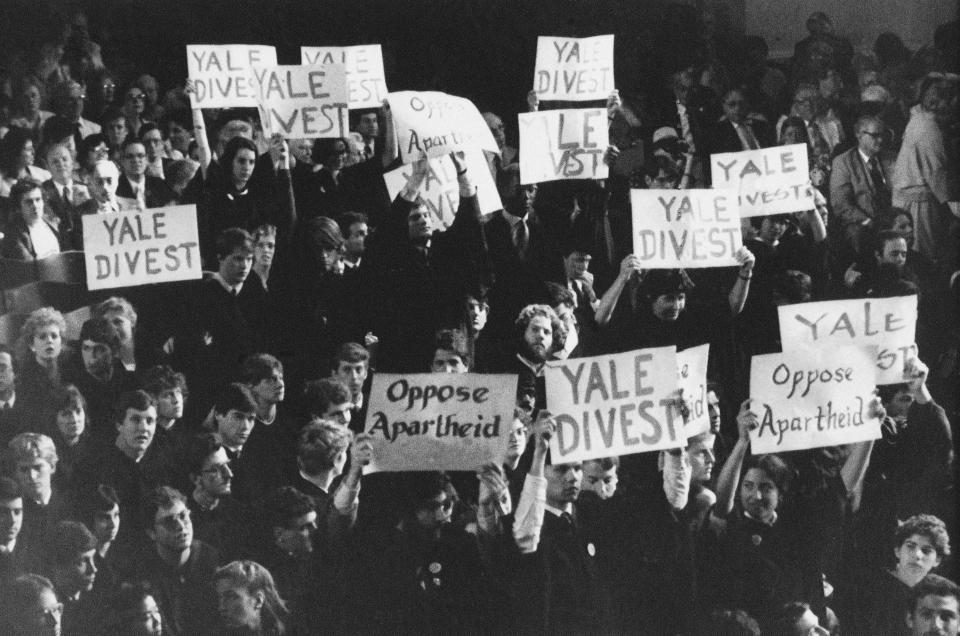 Yale University seniors hold up signs urging the university to divest from South Africa