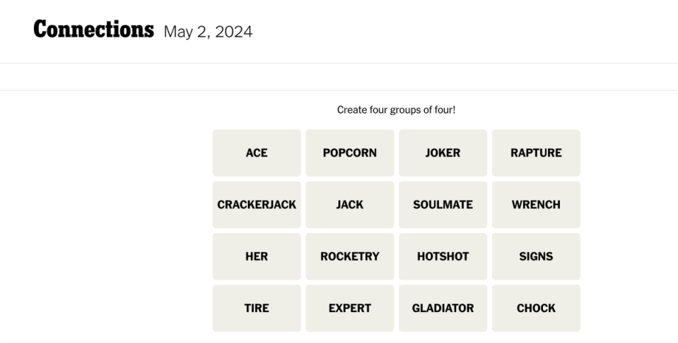 <em>Today's NYT Connections puzzle for Thursday, May 2</em><em>, 2024</em><p>New York Times</p>