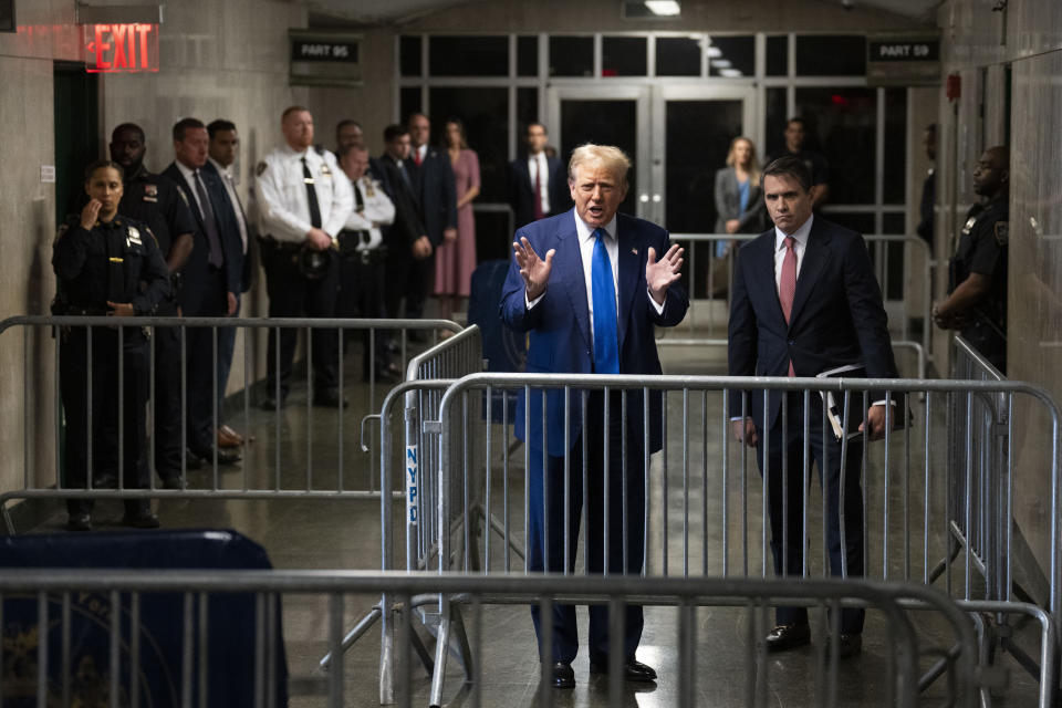 Former President Donald Trump arrives at Manhattan criminal court in New York, on Friday, May 3, 2024. (Doug Mills/The New York Times via AP, Pool)