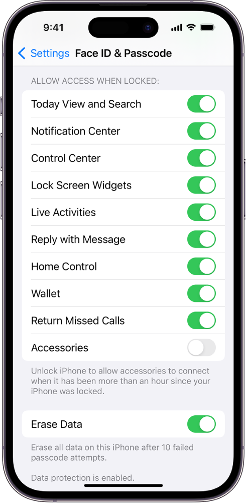 You can control many security features from this menu in Settings (Apple)