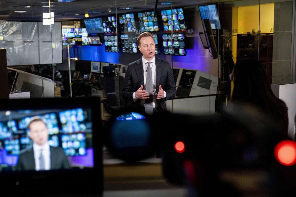 Andrew Adams, director of the Justice Department's KleptoCapture task force, designed to enforce the economic restrictions imposed on Russia and its billionaires, speaks to the Associated Press in an interview at the AP bureau in Washington, Wednesday, March 1, 2023. (AP Photo/Andrew Harnik)