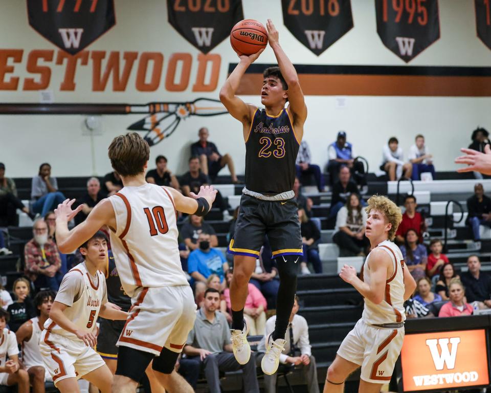 Anderson senior Bennett Blackerby rises high for a shot against Westwood on Tuesday at Westwood High School in Class 6A nondistrict play. Back in Class 6A, Anderson lost 48-44 to the Warriors.