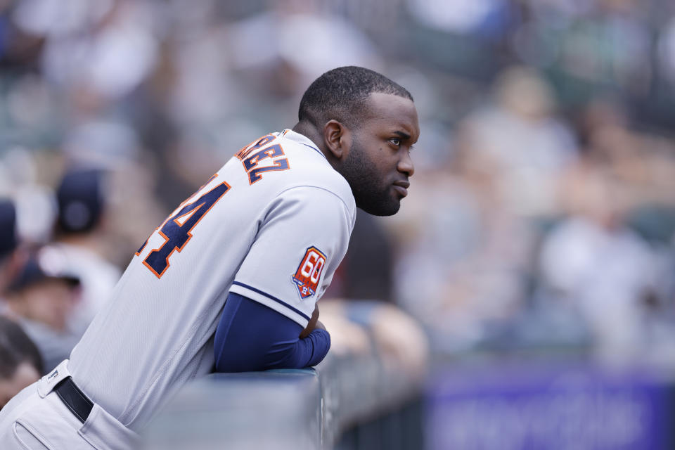 CHICAGO, IL - AUGUST 18: Houston Astros left fielder Yordan Alvarez (44) looks on during an MLB game against the Chicago White Sox on August 18, 2022 at Guaranteed Rate Field in Chicago, Illinois.  (Photo by Joe Robbins/Icon Sportswire via Getty Images)