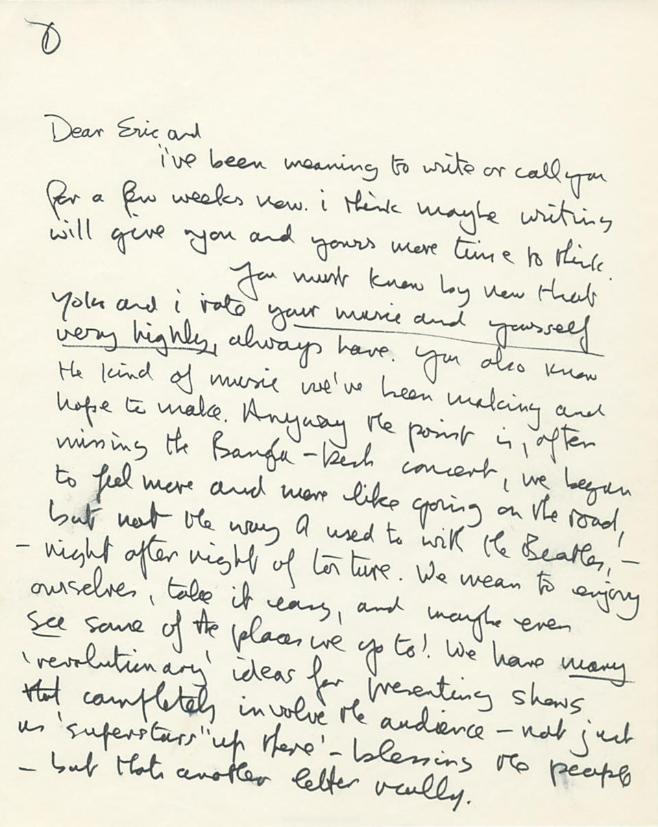 This undated photo provided by Profiles in History shows the first page of a handwritten letter from John Lennon to Eric Clapton. The two-page letter is expected to draw $20,000 to $30,000 during an online and phone auction by Profiles in History on Dec. 18, 2012. (AP Photo/Profiles in History)