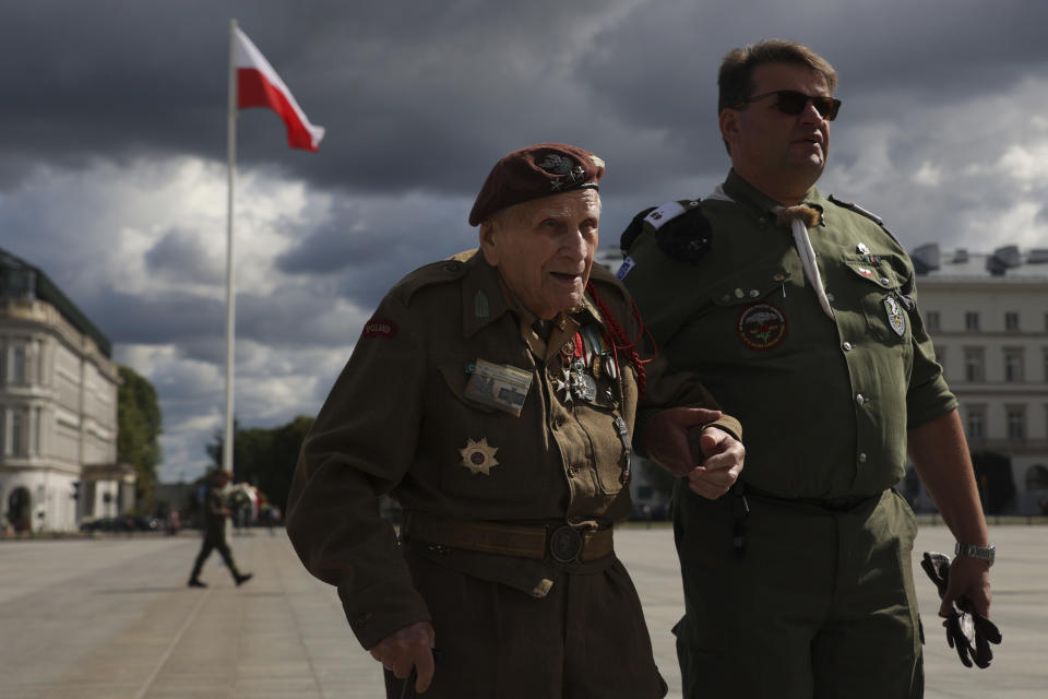 A Polish Army Veteran attends a wreath laying ceremony marking national observances of the anniversary of World War II in Warsaw, Poland, Sept. 1, 2022. World War II began on Sept. 1, 1939, with Nazi Germany's bombing and invading Poland, for more than five years of brutal occupation. (AP Photo/Michal Dyjuk)