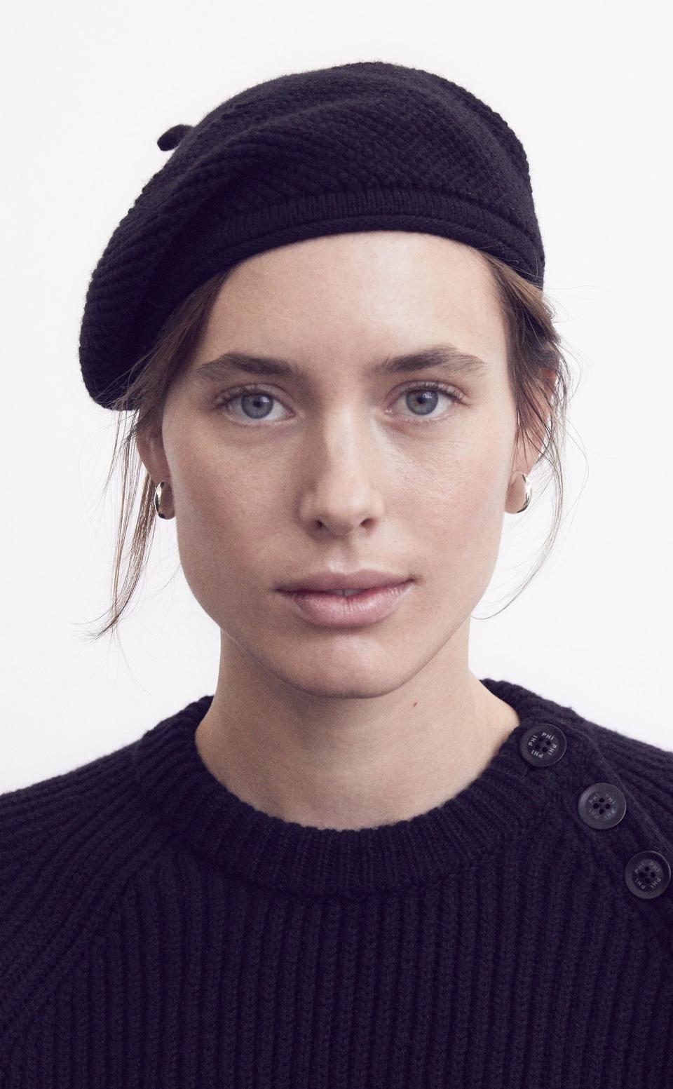 Elsa Crafoord in a recycled- and organic-wool beret and sweater.