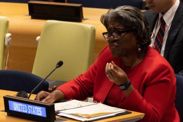 U.S. Ambassador Linda Thomas-Greenfield speaks regarding the removal of Iran from membership on the Commission on the Status of Women, at United Nations headquarters in New York City, on Dec. 14, 2022. / Credit: YUKI IWAMURA/AFP via Getty Images