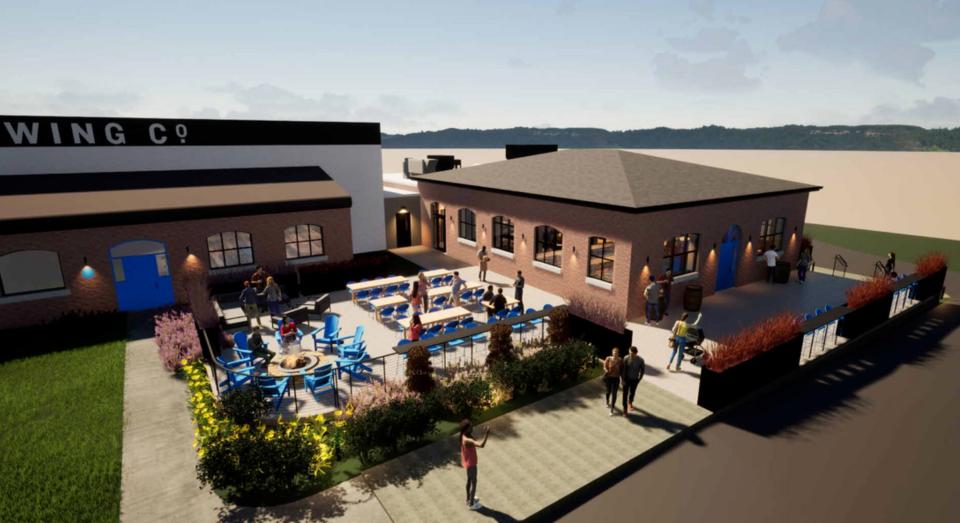 Artist's rendering of Switchback Brewing Company's new Tap House & Beer Garden, which will be housed in a historic brick building on the brewery's Flynn Avenue property.