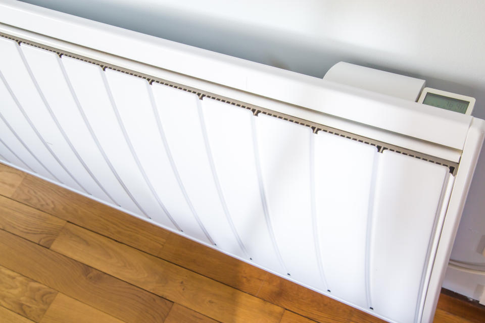 High angle closeup of modern radiator with digital temperature