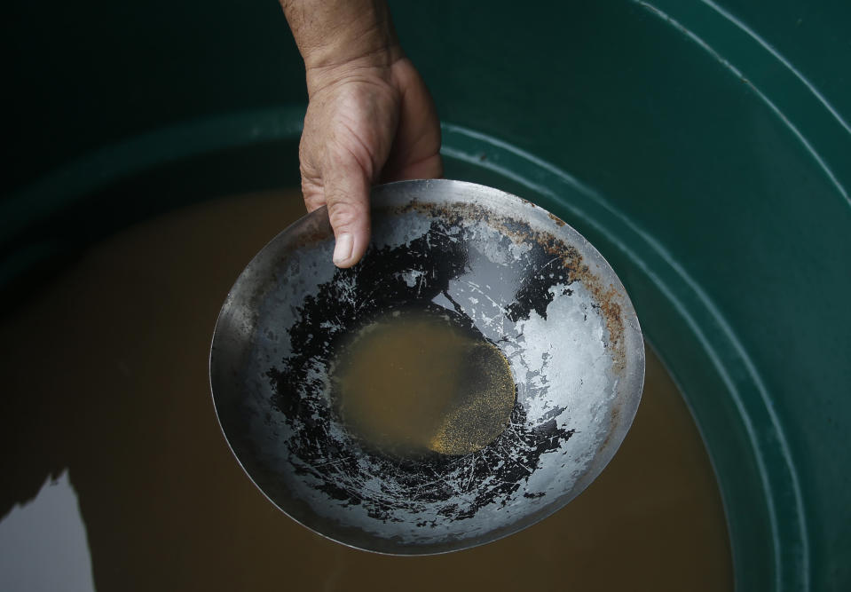 An illegal miner shows gold extracted from the Madeira river, a tributary of the Amazon river, at a dredging barge, in Autazes, Amazonas state, Brazil, Thursday, Nov.25, 2021. Hundreds of mining barges have arrived during the past two weeks after rumors of gold spread, with environmentalists sounding the alarm about the unprecedented convergence of boats in the sensitive ecosystem. (AP Photo/Edmar Barros)