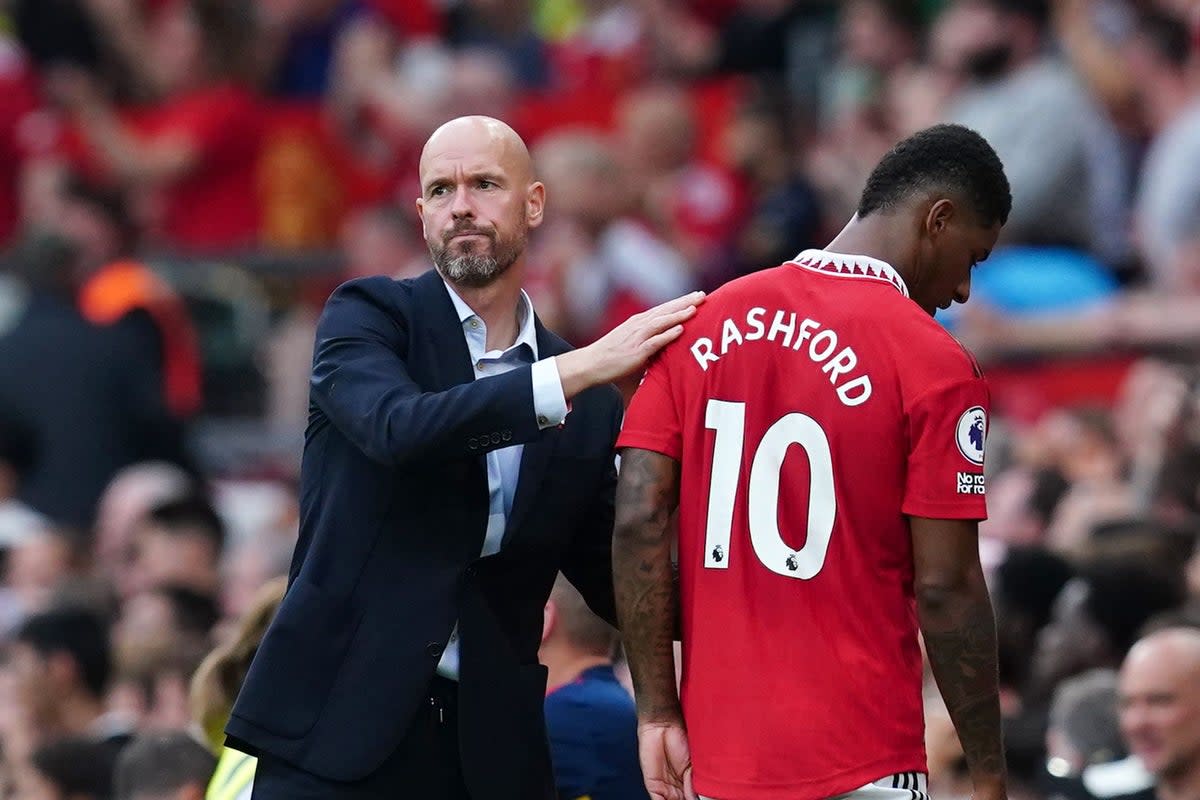 Manchester United manager Erik ten Hag embraces Marcus Rashford after he is substituted during the Premier League match at Old Trafford, Manchester. Picture date: Sunday September 4, 2022. (PA Wire)