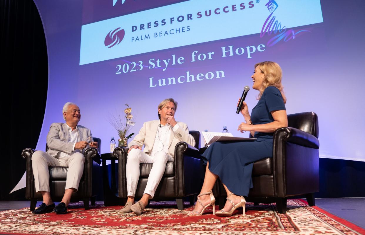 WPTV News anchor Shannon Cake interviews Mark Badgley, left, and James Mischka March 10 at the Dress for Success 'Style for Hope' fundraiser.