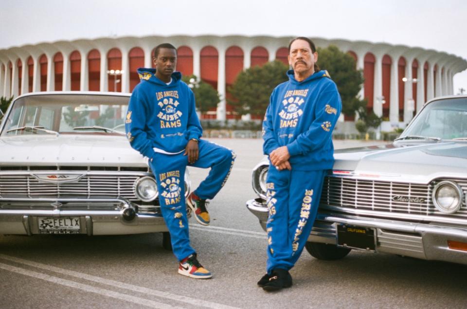 Rapper Buddy and actor Danny Trejo wear Born X Raised's L.A. Rams cobranded sweats.