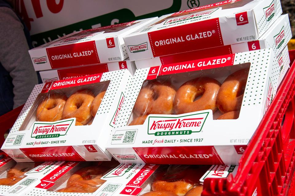 Doughnuts sit out to be given to people during a Krispy Kreme groundbreaking on Tuesday in Fort Collins.