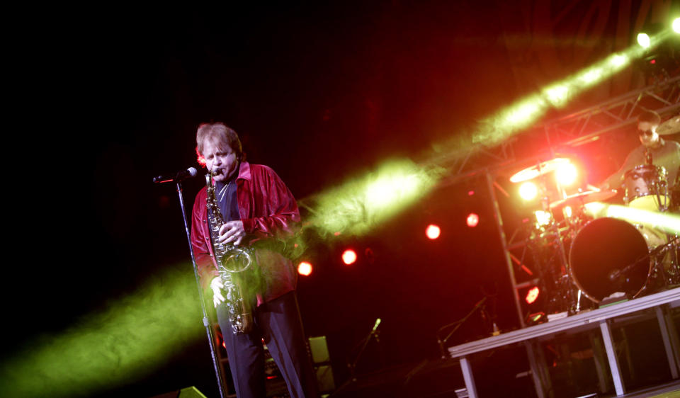 FILE - In this April 2, 2016 file photo, Eddie Money performs at GlenOak High School in Canton, Ohio. Family members have said Eddie Money has died on Friday, Sept. 13, 2019. (Bob Rossiter/The Repository via AP)