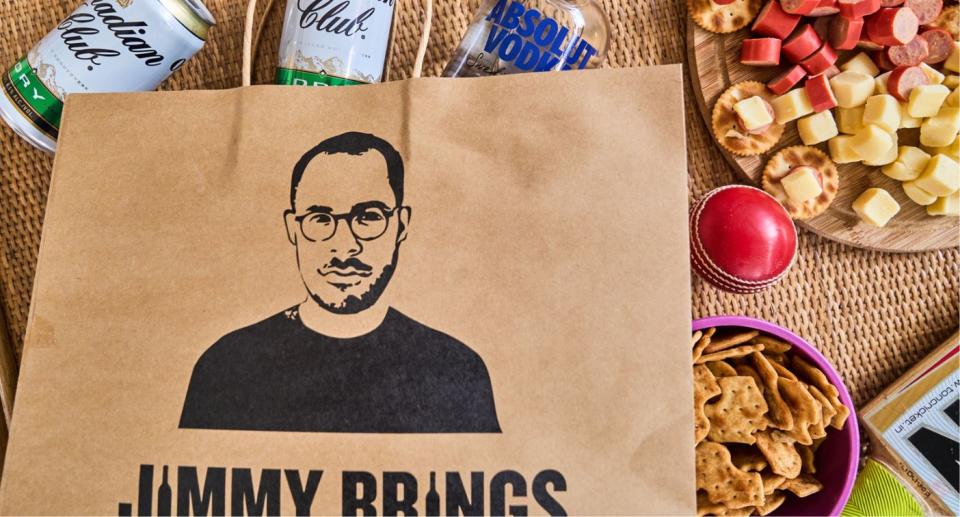 Jimmy Brings bag and drinks with snacks nearby.