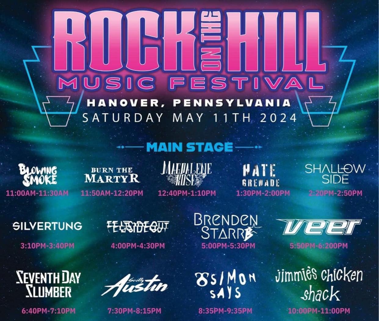 13 bands will perform on the Main Stage during the Rock On The Hill Music Festival at the Pleasant Hill Fairground on May 11, 2024. An additional nine acts will perform on the Pavilion Stage.