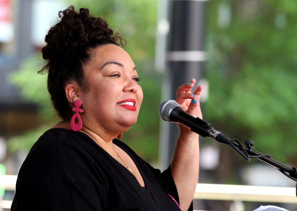 Kersha Deibel, CEO of Planned Parenthood Southwest Ohio speaks during "Bans Off Our Bodies" protest Saturday, May 14, 2022 at Fountains Square in downtown Cincinnati. The protest follows the leak of a draft opinion indicating the Supreme Court could overturn the landmark Roe v. Wade decision that established a constitutional right to abortion. 